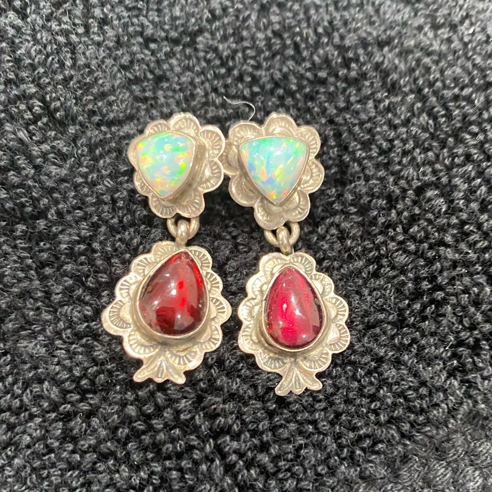 Alex Sanchez opal garnet silver pierced earrings